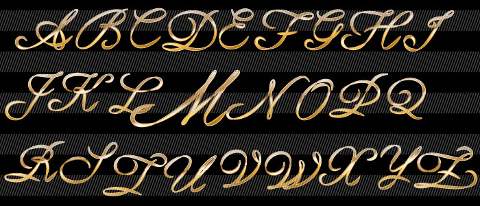 金色の筆記体のアルファベット　大文字